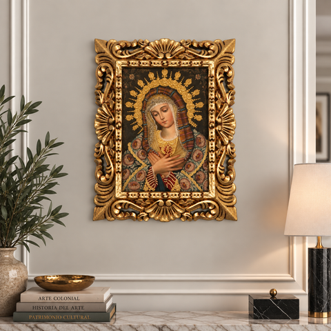 👑✨ Madonna 55 × 45 cm – Pintura Cuzqueña Artesanal PFS0400030