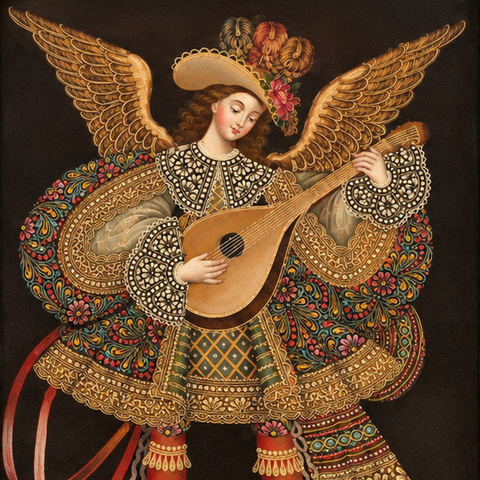 🎸👼 Arcángel Musical con Guitarra 55 × 45 cm – Pintura Cuzqueña Artesanal PFS0400015