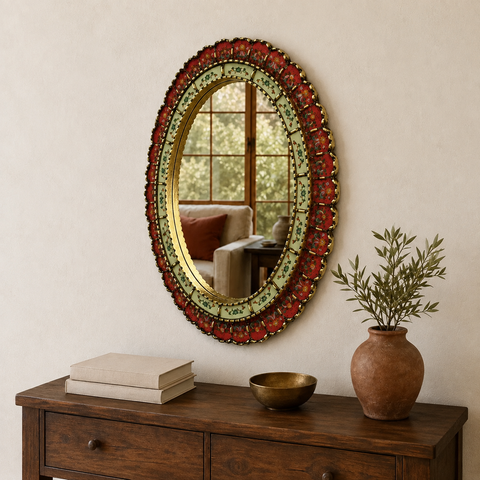 🪞✨ Espejo ovalado rojo 70 cm – Vidrio pintado a mano ✨