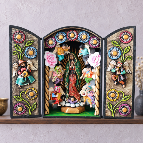 🙏✨ Retablo Andino Virgen de Guadalupe con Ángeles de 29 × 38.5 cm ✨