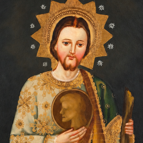 🙏✨ San Judas Tadeo 55 × 45 cm – Pintura Cuzqueña Artesanal PFS0400022