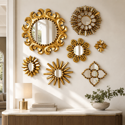 Composición Mándala Sensacional – Set de 7 Espejos Cuzqueños Artesanales de Pared para Decoración Elegante del Hogar