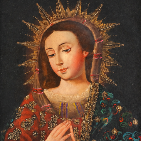 👑✨ Virgen María 55 × 45 cm – Pintura Cuzqueña Artesanal PFS0400034