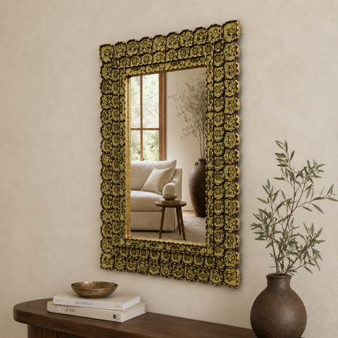 🪞✨ Espejo rectangular amarillo dorado 80 cm – Vidrio pintado a mano ✨