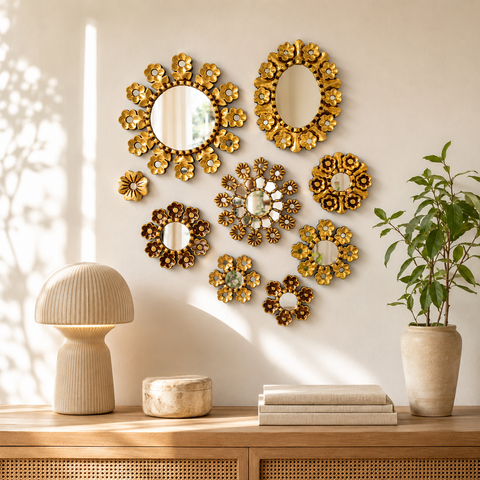 Composición Rosa Sensacional – Set de 9 Espejos Cuzqueños Artesanales para Pared