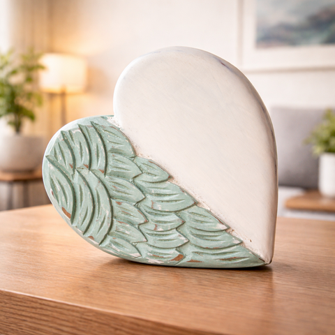 🤍🕊️ Corazón Abrazo de Ángel 12 cm – Madera Tallada Estilo Wash ✨