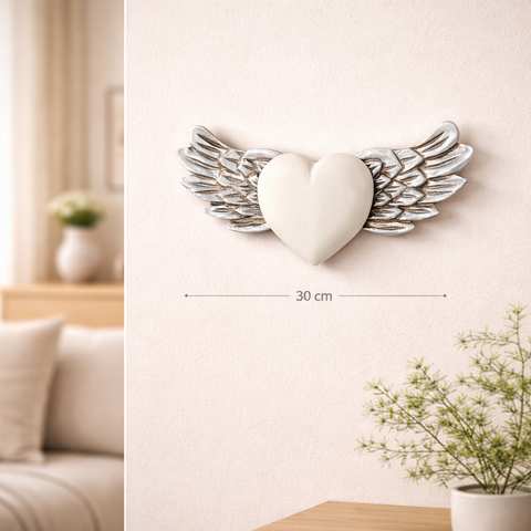 ✨ Alas Lovely Plateadas con Corazón Blanco 30 cm – Madera Tallada
