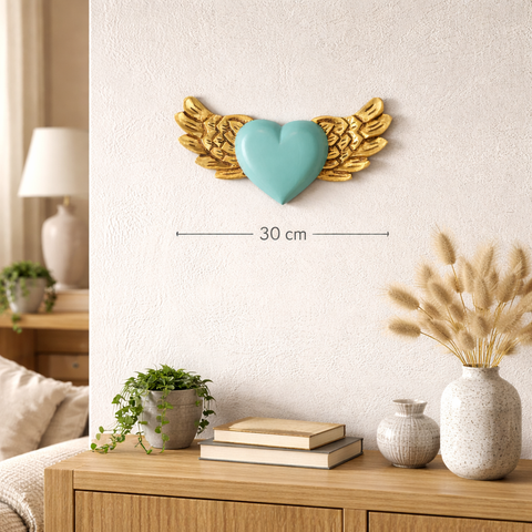 ✨ Alas Lovely Doradas con Corazón Verde Turquesa 30 cm – Madera Tallada