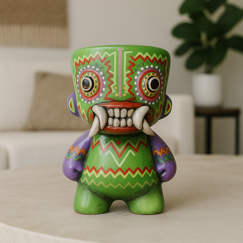 🏺 Figura Artesanal de Cuchimilco Cerámico – Edición Decorativa en Verde y Lila