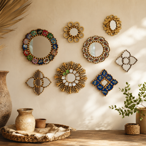 Composición Arcoíris Concha – Set de 8 Espejos Decorativos Artesanales para Pared