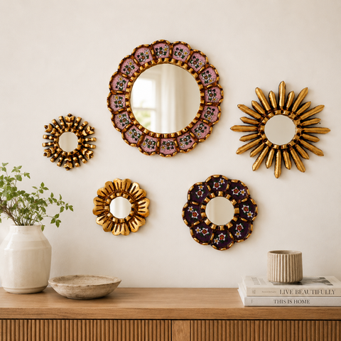 Composición Arequipa – Set de 5 Espejos Cuzqueños Artesanales para Pared