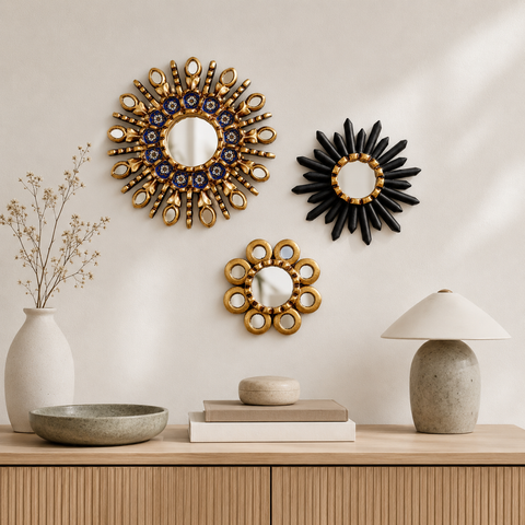 Composición Azul Black – Set de 3 Espejos Cuzqueños Artesanales para Pared