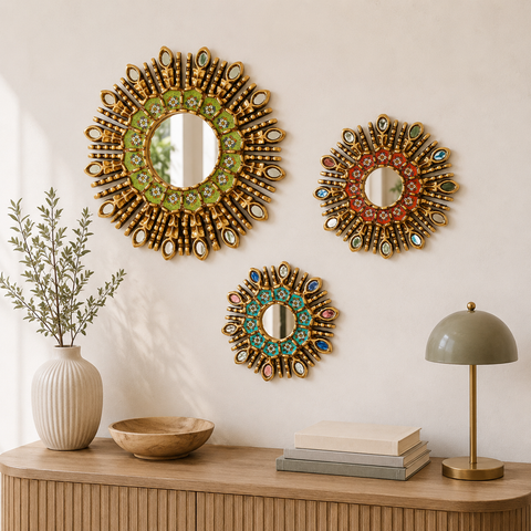 Composición Colección Mística – Set de 3 Espejos Cuzqueños Artesanales para Pared