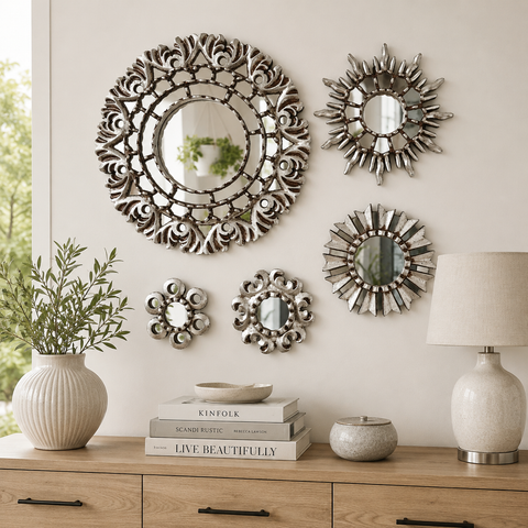 Composición Callao Plata – Set de 5 Espejos Cuzqueños Artesanales para Pared