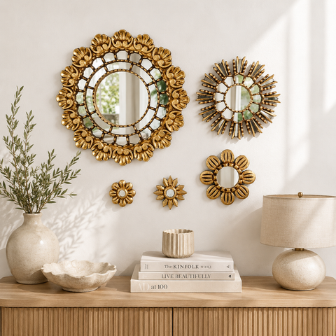 Composición Concha Acústica – Set de 5 Espejos Cuzqueños Artesanales para Pared