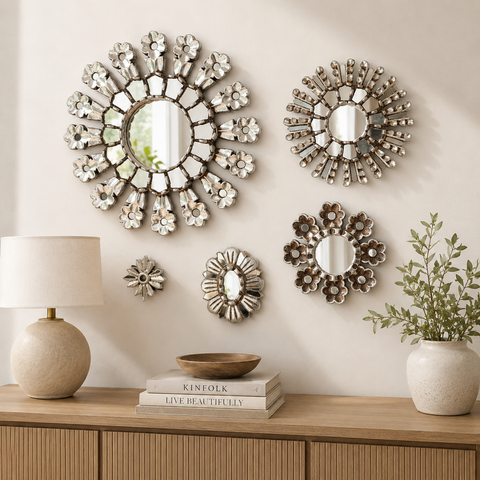Composición Concha Silver – Set de 5 Espejos Cuzqueños Artesanales para Pared