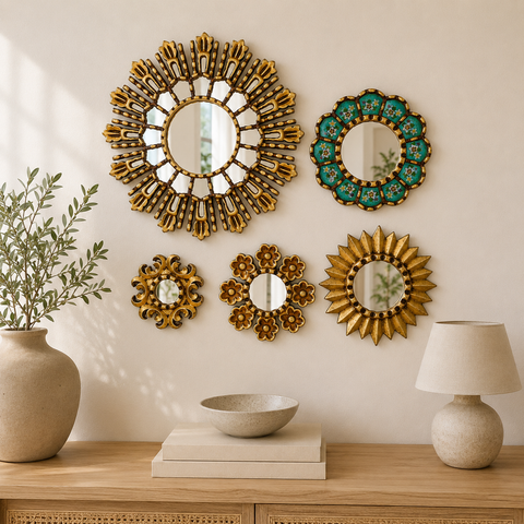 Composición Concha Sol Turquesa – Set de 5 Espejos Cuzqueños Artesanales para Pared