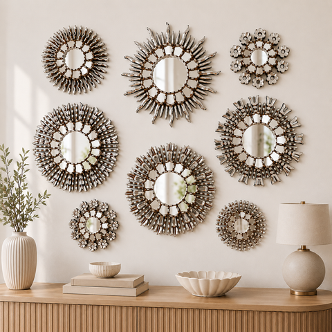 Composición Constelación Silver – Set de 8 Espejos Decorativos Artesanales para Pared