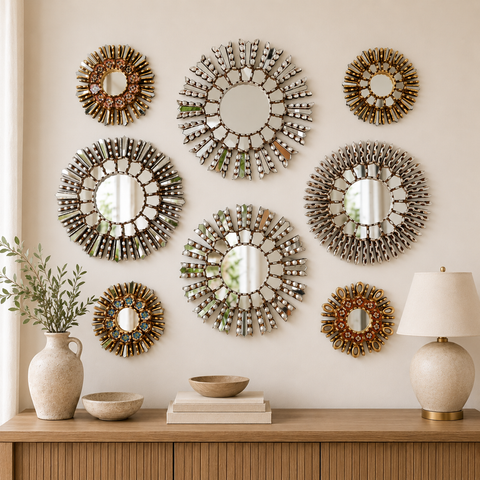 Composición Constelación Silver Gold – Set de 8 Espejos Decorativos Artesanales para Pared