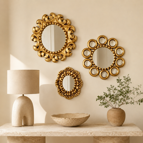Composición Gold Tentación – Set de 3 Espejos Cuzqueños Artesanales para Pared