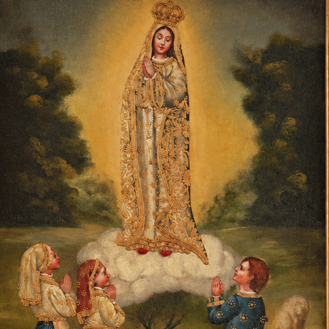 👑✨ Virgen de Fátima 55 × 45 cm – Pintura Cuzqueña Artesanal PFS0400040