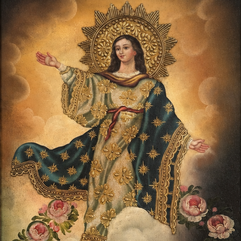 👑✨ Virgen de la Asunción 55 × 45 cm – Pintura Cuzqueña Artesanal PFS0400037