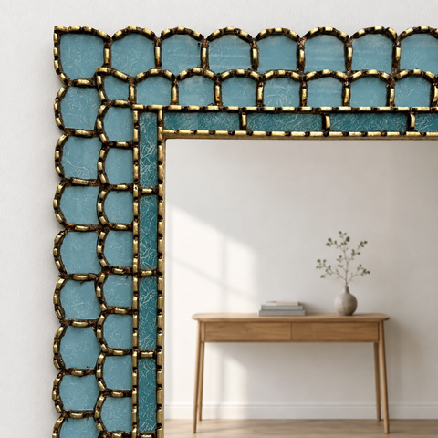🪞✨ Espejo rectangular turquesa 80 cm – Vidrio pintado a mano ✨