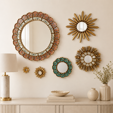 Composición Felicidad Melón – Set de 6 Espejos Cuzqueños Artesanales para Pared
