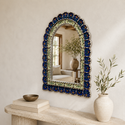 🪞✨ Espejo Urna azul 60 cm – Vidrio pintado a mano ✨
