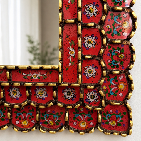 🪞❤️ Espejo Cusqueño Rojo 80 cm – Vidrio Pintado a Mano ✨