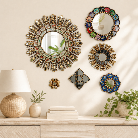 Composición Marfil Arcoíris – Set de 6 Espejos Cuzqueños Artesanales de Pared para Decoración Elegante