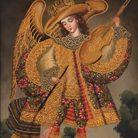 🎻👼 Arcángel Musical con Violín 55 × 45 cm – Pintura Cuzqueña Artesanal  PFS0400028