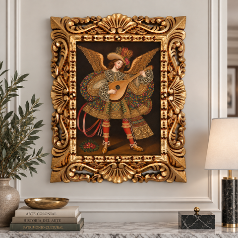 🎸👼 Arcángel Musical con Guitarra 55 × 45 cm – Pintura Cuzqueña Artesanal PFS0400015