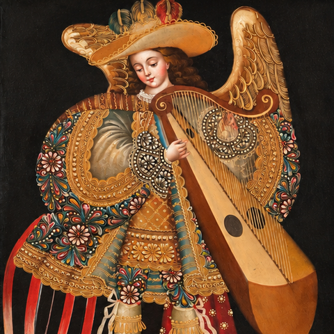 🎶👼 Arcángel Musical con Arpa 55 × 45 cm – Pintura Cuzqueña Artesanal PFS0400014