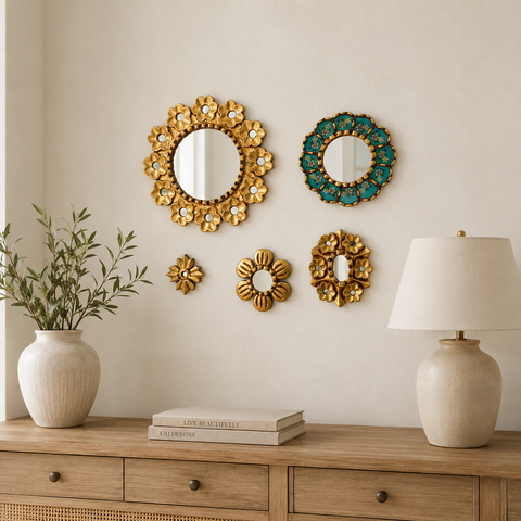 Composición Rosedal Turquesa – Set de 5 Espejos Cuzqueños Artesanales para Pared