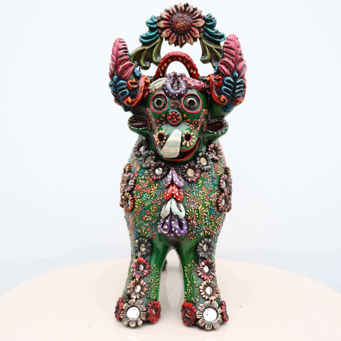 🐂 Toro de Pucará Premium Verde 37 cm – Cerámica Artesanal Peruana Decorativa de Lujo