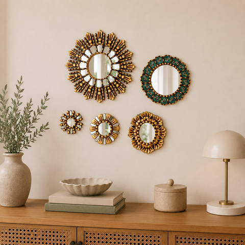 Composición Set 8 Platino & 8 Mini – Set de 5 Espejos Cuzqueños Artesanales para Pared