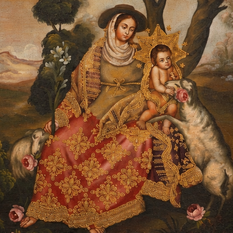 🌿👑 Divina Pastora 55 × 45 cm – Pintura Cuzqueña Artesanal PFS0400036