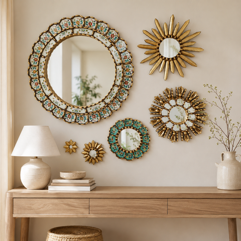 Composición Felicidad Marfil – Set de 6 Espejos Cuzqueños Artesanales para Pared