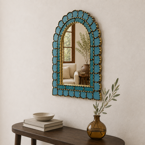 🪞✨ Espejo Urna turquesa 60 cm – Vidrio pintado a mano ✨