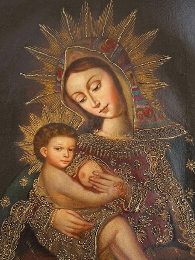 👑🍼 Virgen de la Leche 55 × 45 cm – Pintura Cuzqueña Artesanal PFS0400035