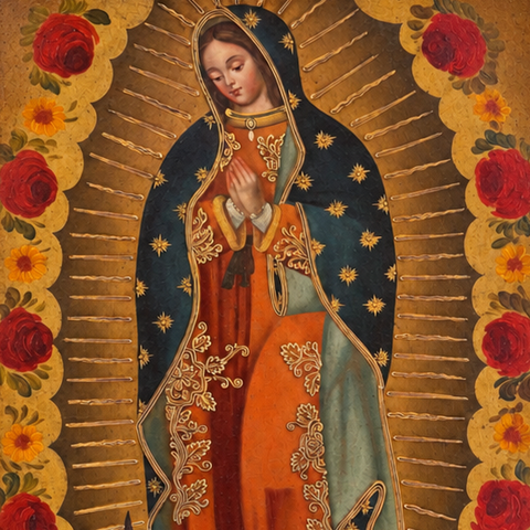 🌹🙏 Virgen de Guadalupe 55 × 45 cm – Pintura Cuzqueña Artesanal PFS0400064