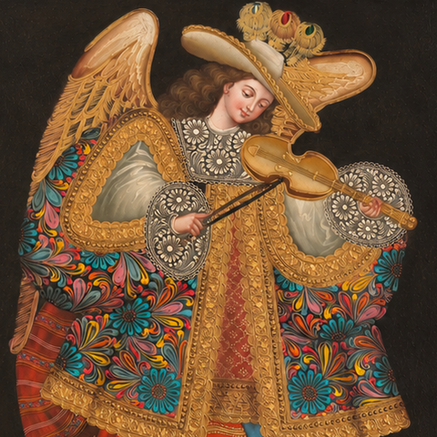 🎻👼 Arcángel Musical con Violín 55 × 45 cm – Pintura Cuzqueña Artesanal PFS0400019