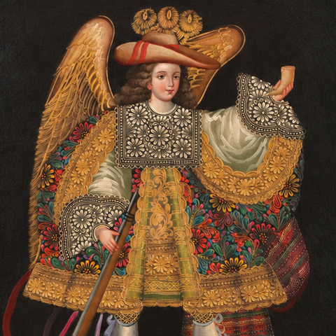 👼✨ Ángel Arcabucero 55 × 45 cm – Pintura Cuzqueña Artesanal PFS0400017