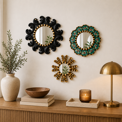Composición Mándala Black Turquesa – Set de 3 Espejos Cuzqueños Artesanales de Pared para Decoración Elegante