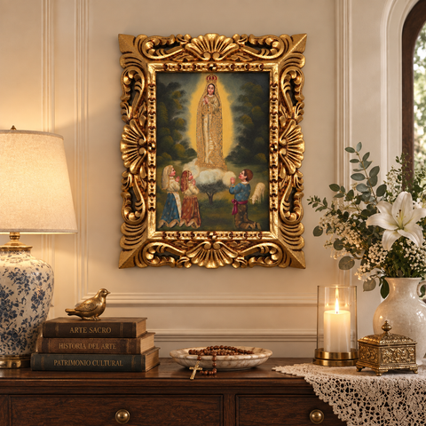 👑✨ Virgen de Fátima 55 × 45 cm – Pintura Cuzqueña Artesanal PFS0400042
