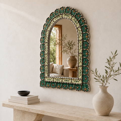 🪞✨ Espejo Urna turquesa 60 cm – Vidrio pintado a mano ✨