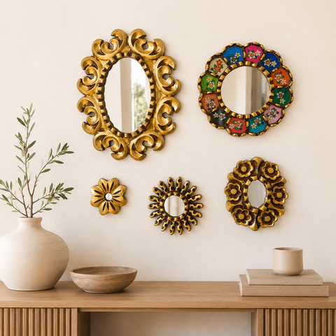 Composición Mándala Oval – Set de 5 Espejos Cuzqueños Artesanales de Pared para Decoración Elegante del Hogar