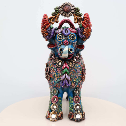 🐂 Toro de Pucará Premium Azul 37 cm – Cerámica Artesanal Peruana Decorativa de Lujo