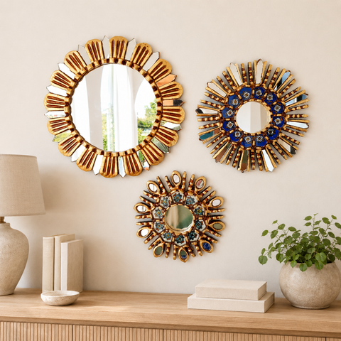 Composición Margarita Azul Marfil – Set de 5 Espejos Cuzqueños Artesanales de Pared para Decoración Elegante